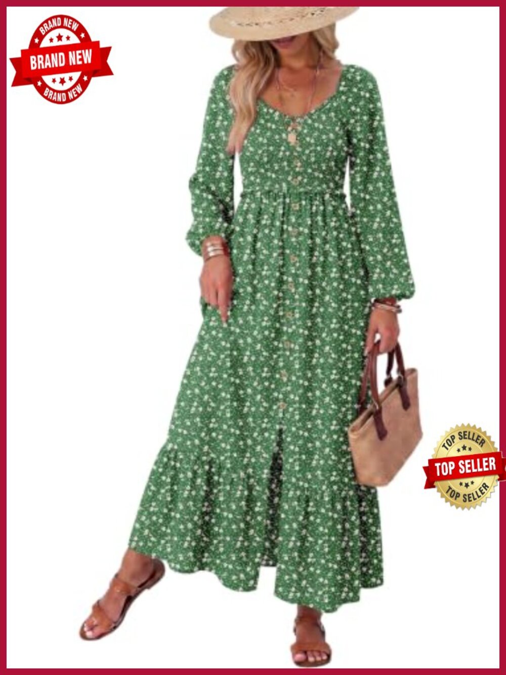 Boho Floral Smocked Empire Waist Square Neck Long Sleeve Maxi Dress with Pockets